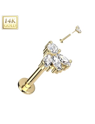 Labret or jaune 14K – Embout 4 zircons marquises push-in