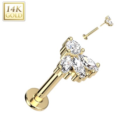 Labret or jaune 14K – Embout 4 zircons marquises push-in