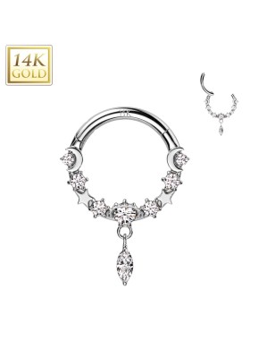 Anneau daith/septum or blanc 14K lune & étoiles avec zircon marquise