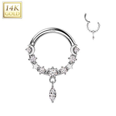 Anneau daith/septum or blanc 14K lune & étoiles avec zircon marquise