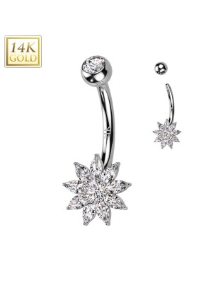 Piercing nombril fleur zircons en or blanc 14K