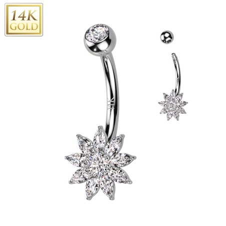Piercing nombril fleur zircons en or blanc 14K