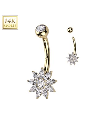 Piercing Nombril Fleur Or Jaune 14K – Zircons Marquise Scintillants