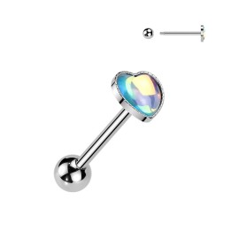Piercing langue acier cœur pierre iridescente bleue