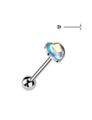 Piercing langue acier cœur pierre iridescente bleue