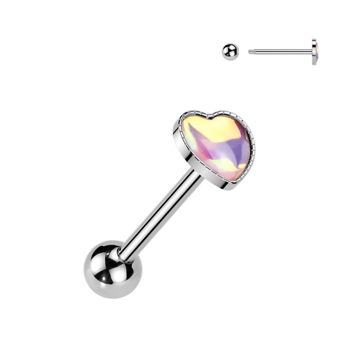 Piercing langue argenté cœur rose iridescent