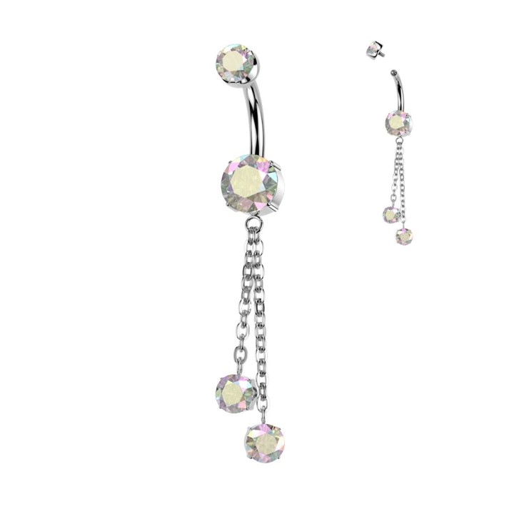 Piercing nombril titane AB avec chaînes | Zircons Aurore Boréale