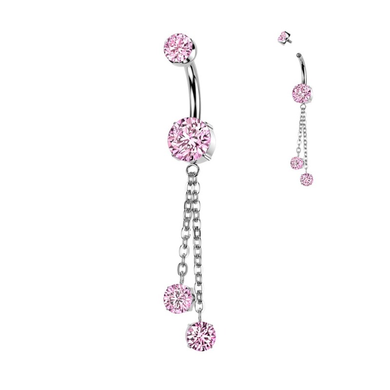 Piercing nombril titane zircons roses chainettes Piercing nombril titane zircons roses chainettes