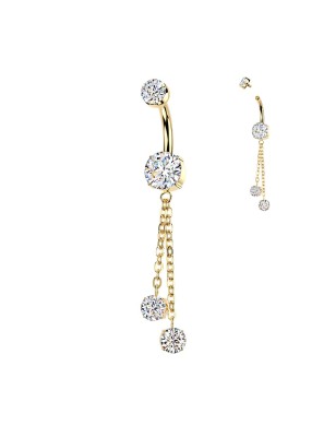 Piercing nombril titane doré avec zircons blancs & chaînes