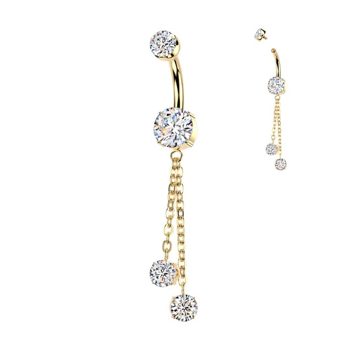 Piercing nombril titane doré avec zircons blancs & chaînes