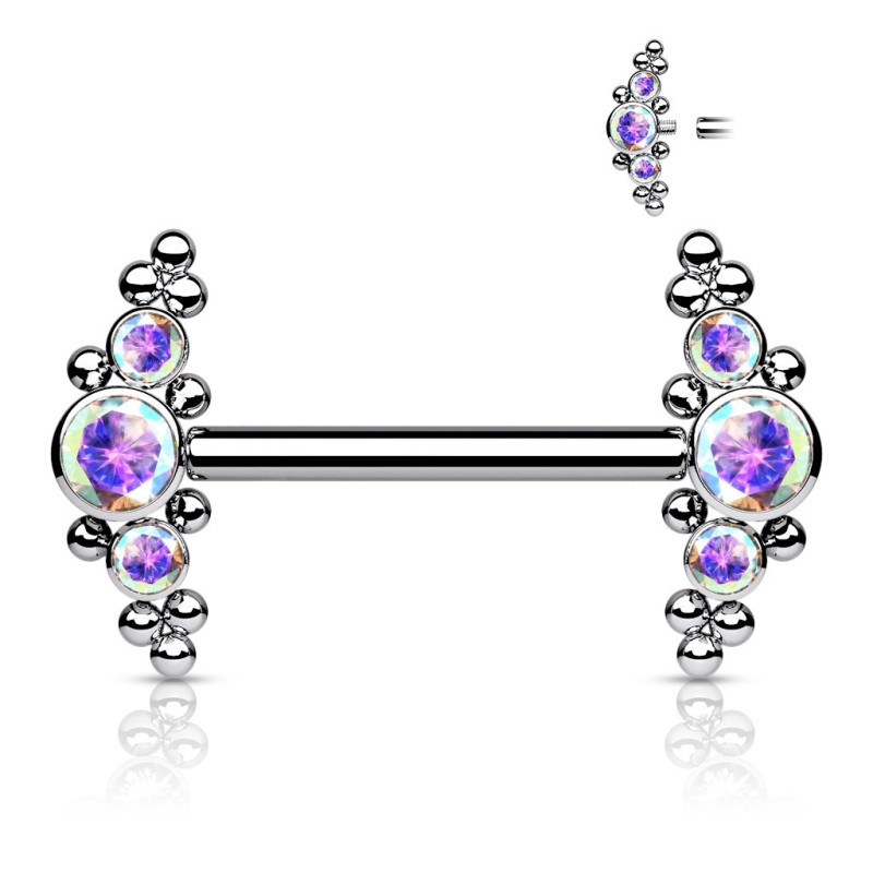 Piercing téton titane zircons aurore boréale & billes Piercing téton titane zircons aurore boréale & billes