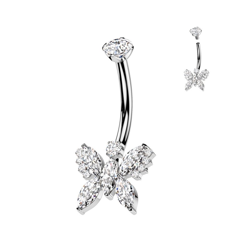 Piercing nombril titane papillon 5 marquises blanches Piercing nombril titane papillon 5 marquises blanches
