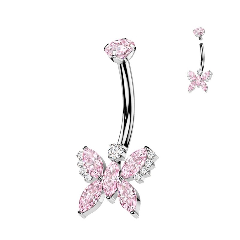 Piercing nombril titane papillon 5 marquises roses Piercing nombril titane papillon 5 marquises roses