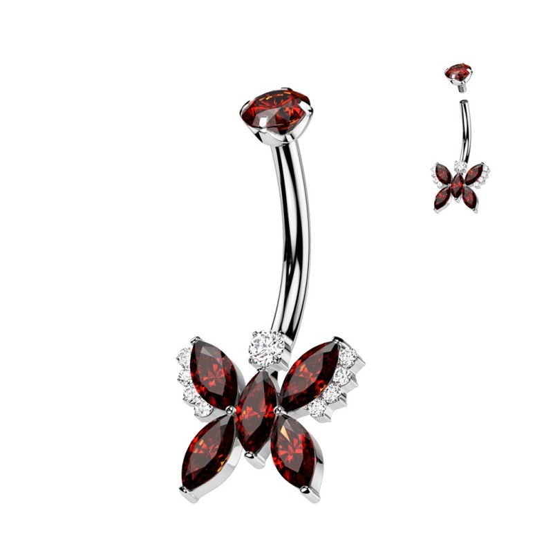 Piercing nombril titane papillon 5 marquises rouges Piercing nombril titane papillon 5 marquises rouges