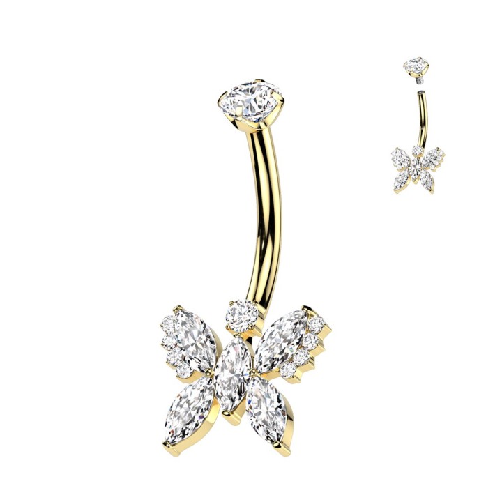 Piercing nombril titane doré papillon zircon
