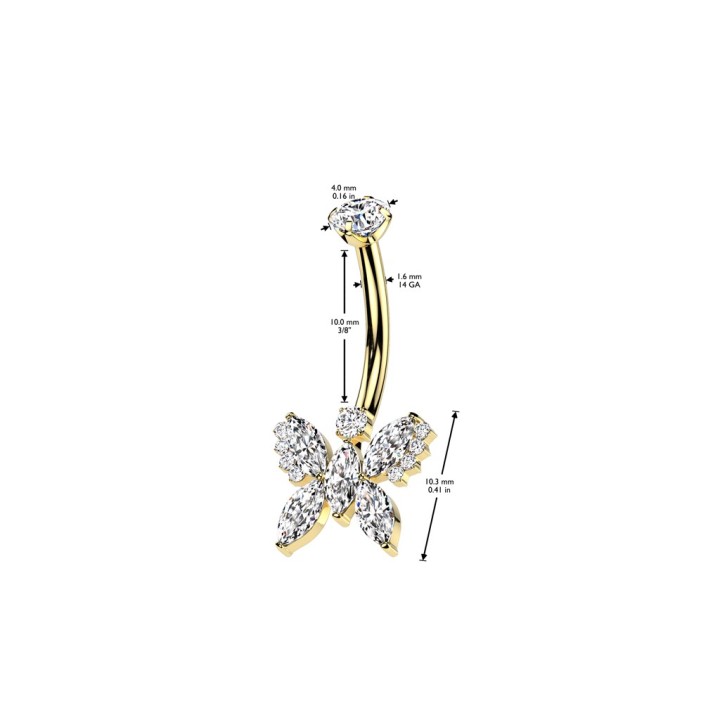 Piercing nombril titane doré papillon zircon