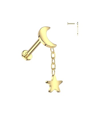 Piercing titane doré lune avec pendentif étoile