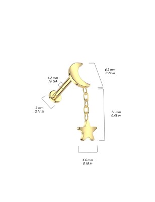 Piercing titane doré lune avec pendentif étoile