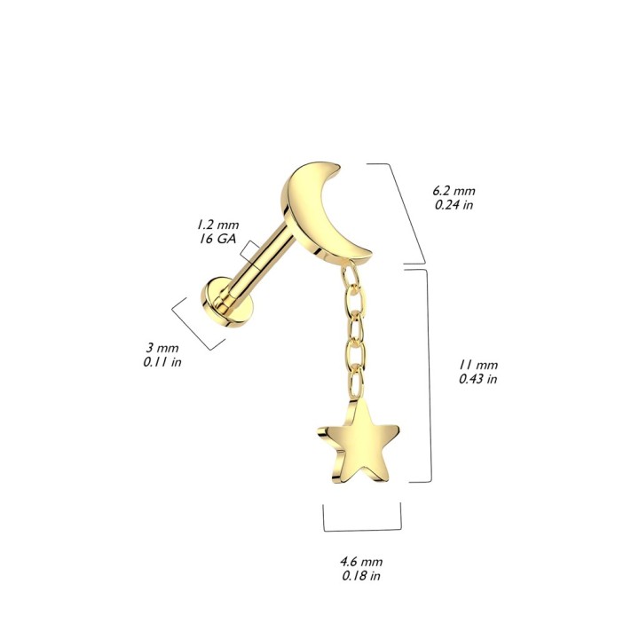 Piercing titane doré lune avec pendentif étoile