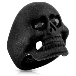 Bague homme crâne acier noir mat avec zircons noirs