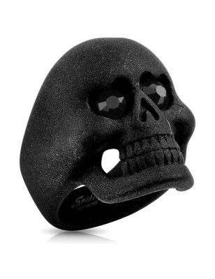 Bague homme crâne acier noir mat avec zircons noirs