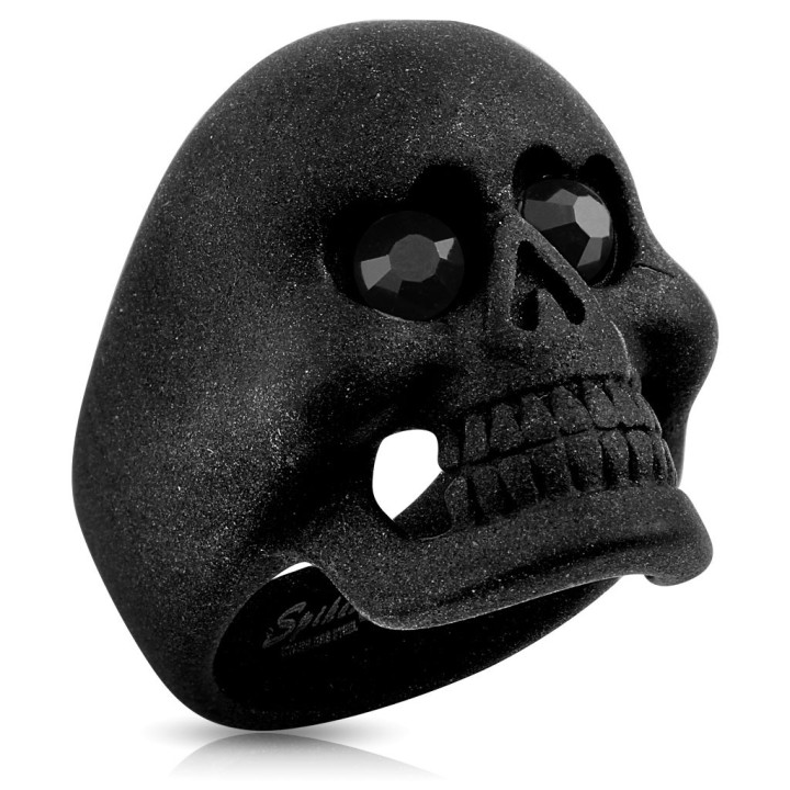 Bague homme crâne acier noir mat avec zircons noirs
