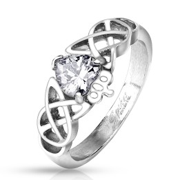 Bague en acier motif celtique avec pierre cœur brillante