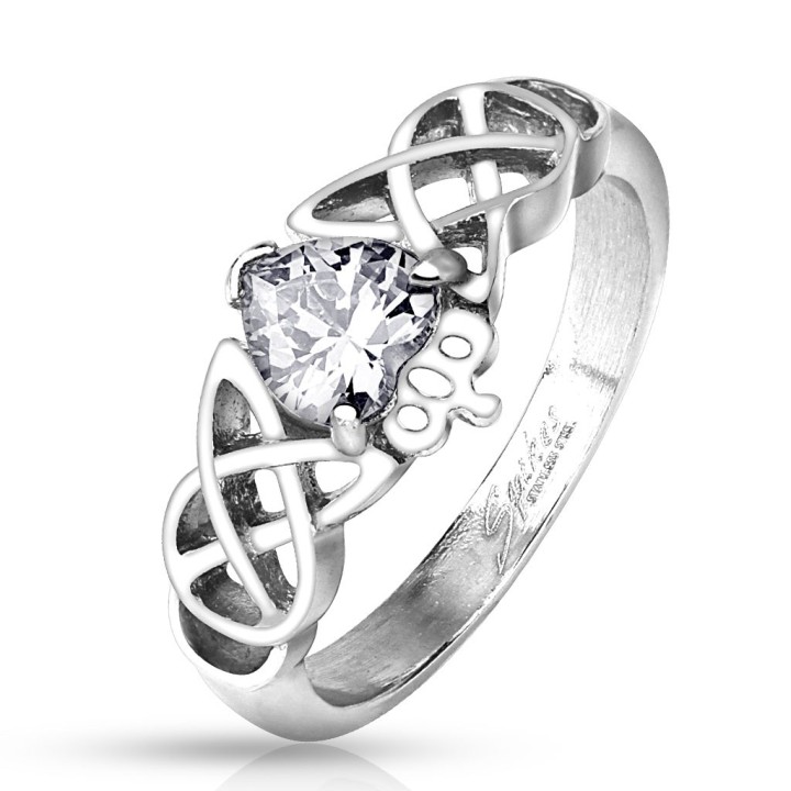 Bague en acier motif celtique avec pierre cœur brillante