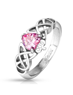 Bague celtique en acier avec pierre cœur rose brillante
