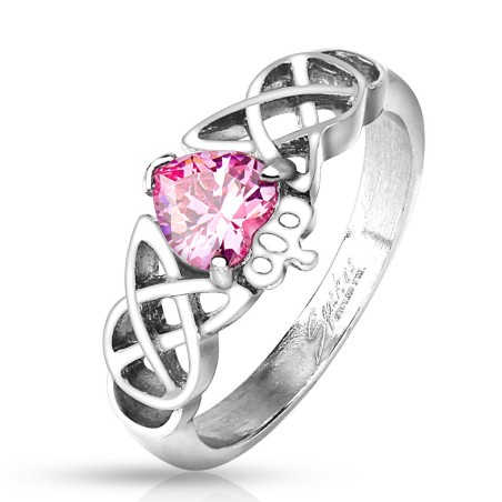 Bague celtique en acier avec pierre cœur rose brillante