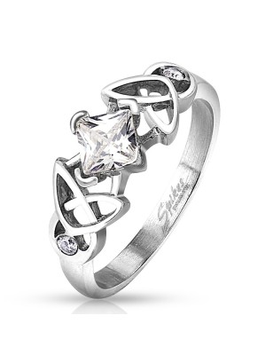 Bague acier design tribal avec zircon carré brillant