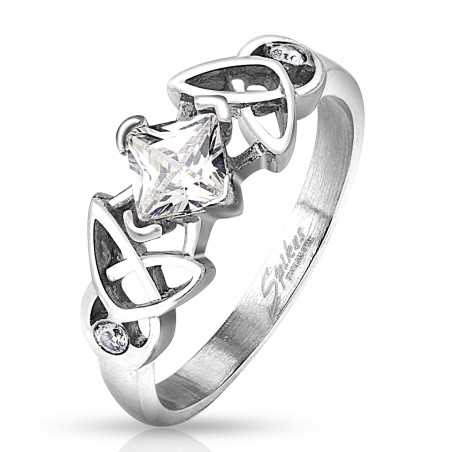Bague acier design tribal avec zircon carré brillant