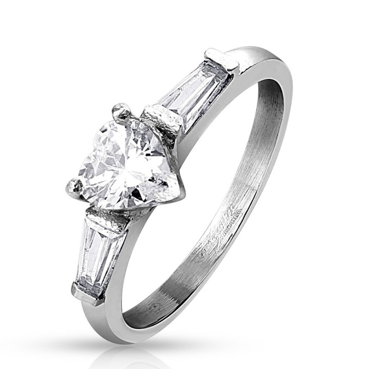 Bague en acier avec zircon cœur et baguettes élégantes