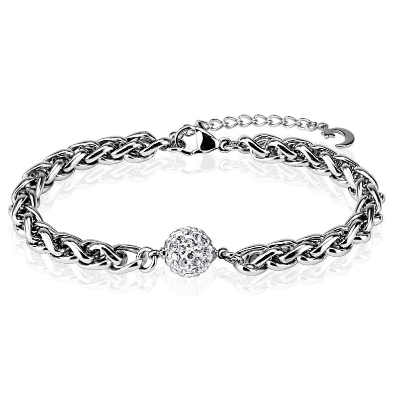 Bracelet acier boule cristaux blancs