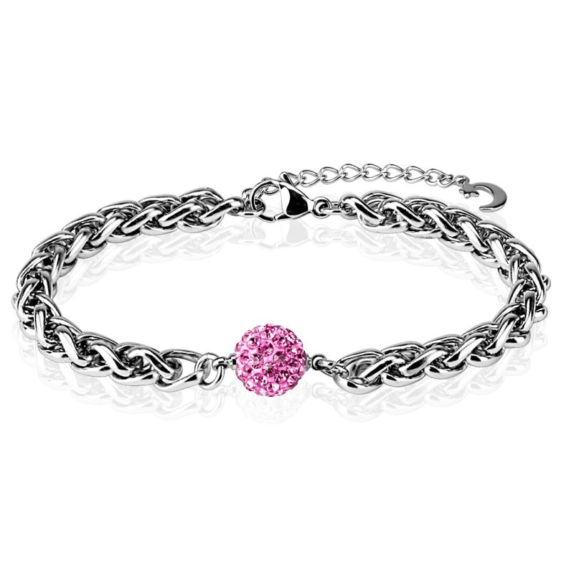 Bracelet acier boule cristaux roses