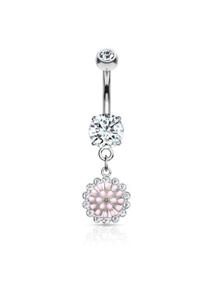 Piercing nombril acier fleur rose et zircons
