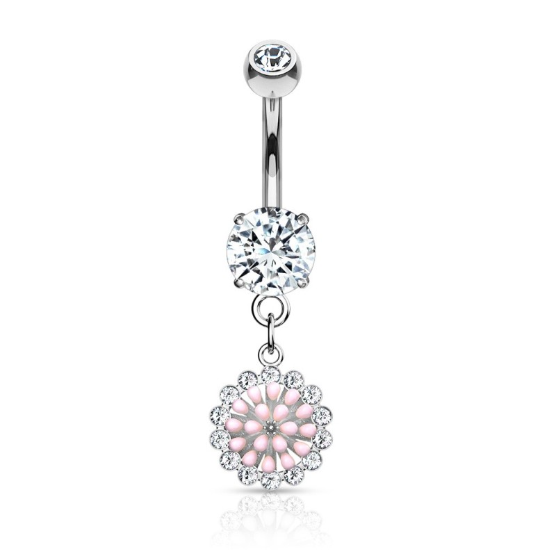 Piercing nombril pendentif fleur émaillée rose