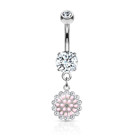Piercing nombril acier fleur rose et zircons