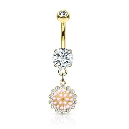 Piercing nombril plaqué or 14K fleur rose et zircons