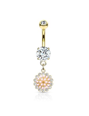 Piercing nombril plaqué or 14K fleur rose et zircons