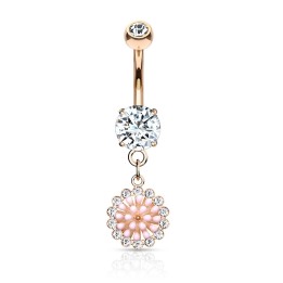 Piercing nombril plaqué or rose fleur rose et zircons
