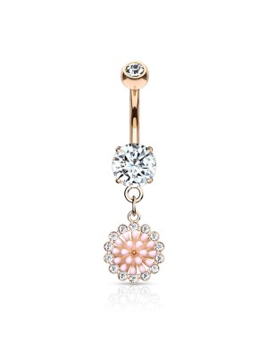 Piercing nombril plaqué or rose fleur rose et zircons
