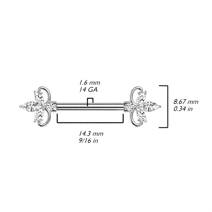 Piercing téton fleur zircon – Barre acier chirurgical 316L