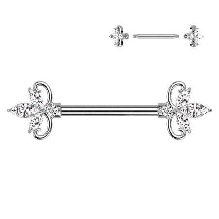 Piercing téton fleur zircon – Barre acier chirurgical 316L