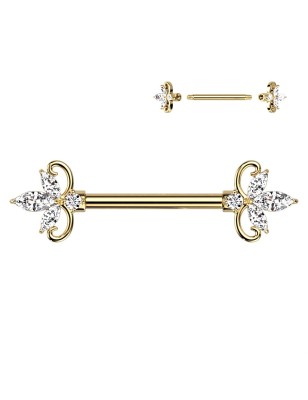 Piercing téton doré fleur zircon – Barre acier chirurgical dorée