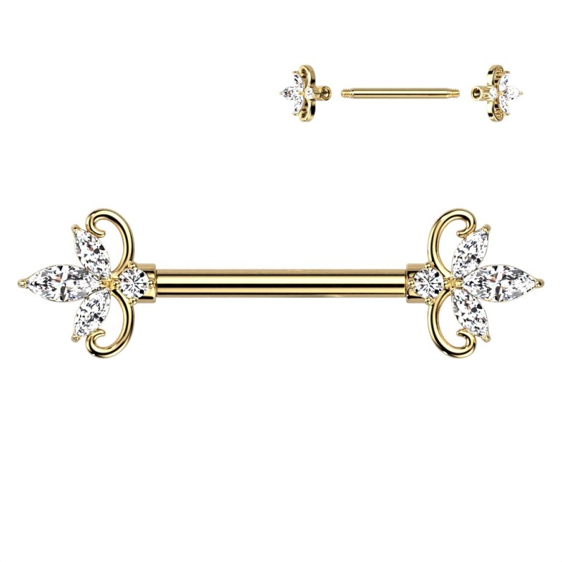Piercing téton acier doré zircons taille marquise Piercing téton acier doré zircons taille marquise