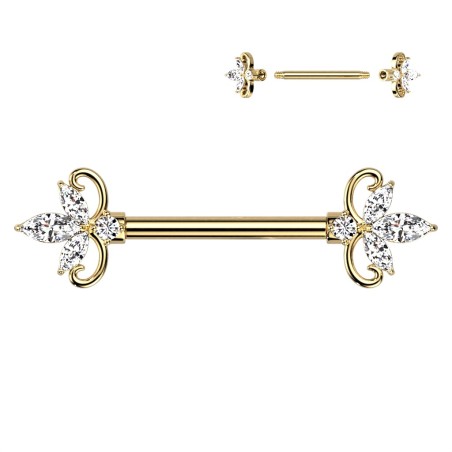 Piercing téton doré fleur zircon – Barre acier chirurgical dorée