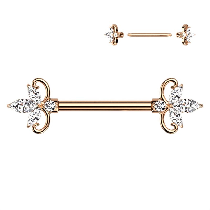 Piercing téton acier or rose zircons taille marquise Piercing téton acier or rose zircons taille marquise