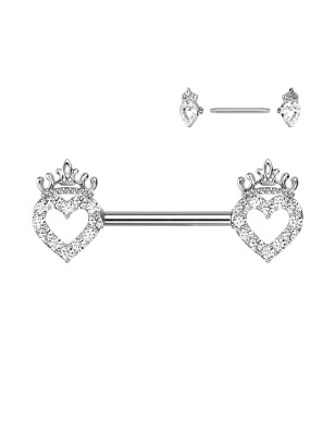 Piercing téton cœur couronne zircon – Barre acier chirurgical