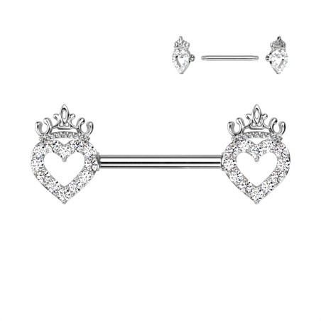 Piercing téton cœur couronne zircon – Barre acier chirurgical
